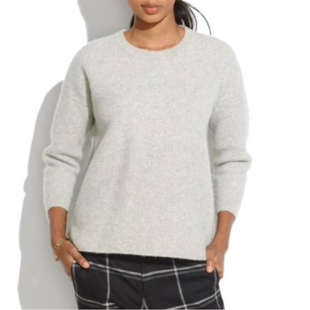 Madewell Gray Grid-Stitch Waffle Pullover Sweater Crew Neck Long Sleeve Merino